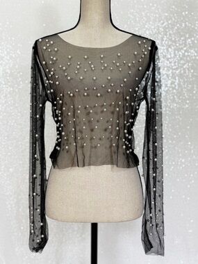 Sheer Pearl Mesh Top XL Black Long Sleeve Beaded Sheer Blouse Y2K